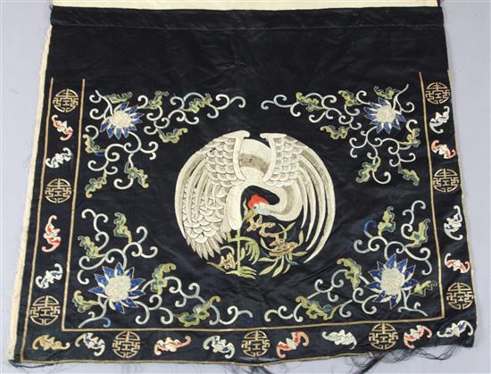 A Chinese black satin crane medallion table frontal, late Qing dynasty, 82 x 91cm